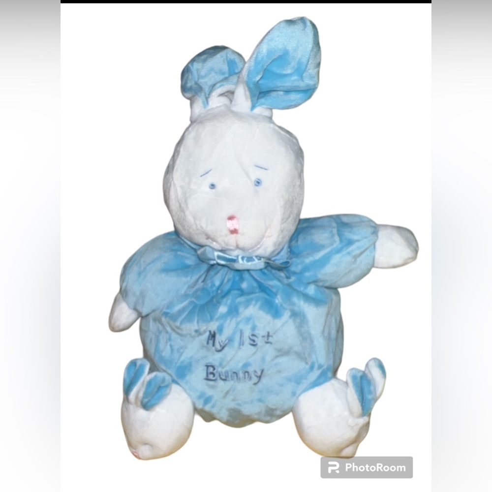 Vtg Snuggie Toy My 1st  Bunny Rabbit Blue Plush Stuffed Toy Slippers Baby Rattle